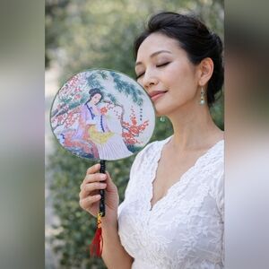 Asian Art Silk Style Round Hand Fan With Tassel Decorative Wall Decor